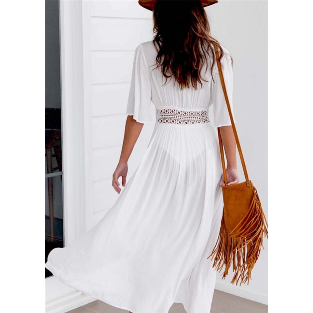 Boho White Chiffon Crochet Waist Maxi Coverup - Picture 3 of 16